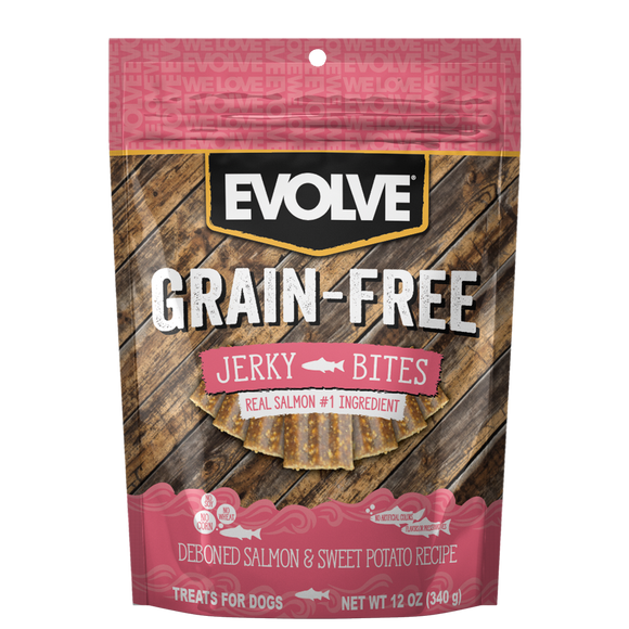 EVOLVE DOG SNACK GRAIN FREE JERKY SALMON 12 OZ -340 GR