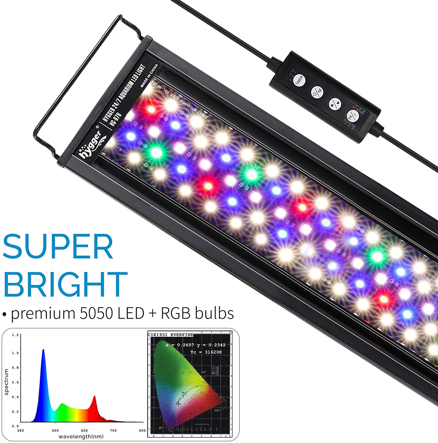 AQQA Luz de acuario, luces LED de espectro completo para pecera, 12 a 54  pulgadas, ajustable, multicolor, blanco, azul, rojo, verde, con soportes