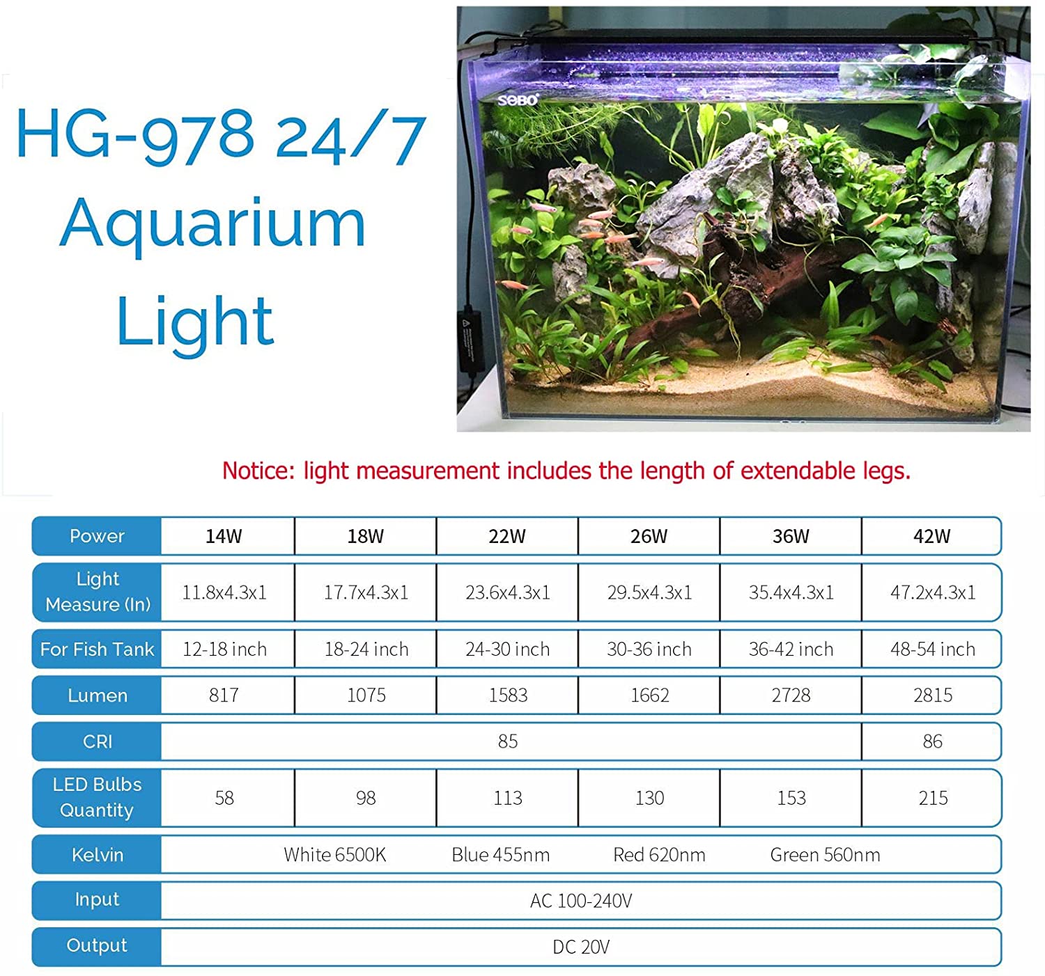 KZKR Luz LED de espectro completo para acuario mejorada, lámpara de capó de  48 a 60 pulgadas para plantas marinas de agua dulce, luz de decoración