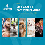 NaturVet Quiet Moments - Suplemento calmante para perros – Ayuda a promover la relajación, reducir el estrés, ansiedad por tormentas, mareo por movimiento para perros – Sabrosos masticables suaves para mascotas con melatonina
