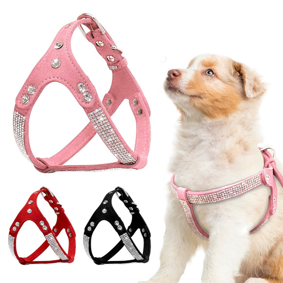 Suave cuero de gamuza cachorro arnés para perros con diamantes de imitación chaleco para gatos y mascotas Mascotas Cachorro arneses para perros pequeños medianos Chihuahua rosa
